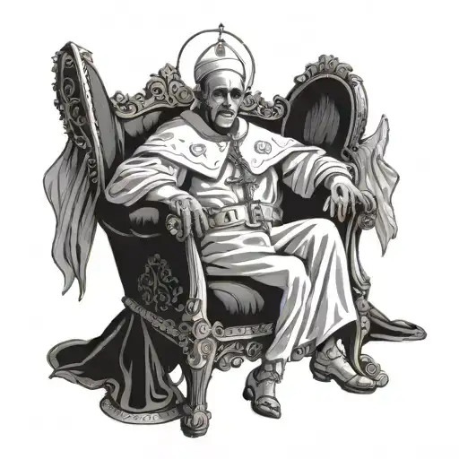 pope without pants and with underpants whose head is a huge eye sitting in a royal armchair with two little angels tattoo design idea
