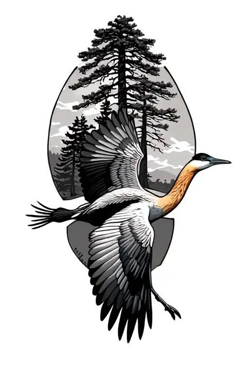 sandhill crane flying with trees in background tattoo design idea