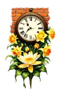 brick wall with shading, clock busting through with daffodils & yellow roses , yellow and orange water lily tattoo design idea