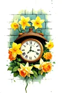 brick wall with shading, clock busting through with daffodils & yellow roses , yellow and orange water lily tattoo design idea