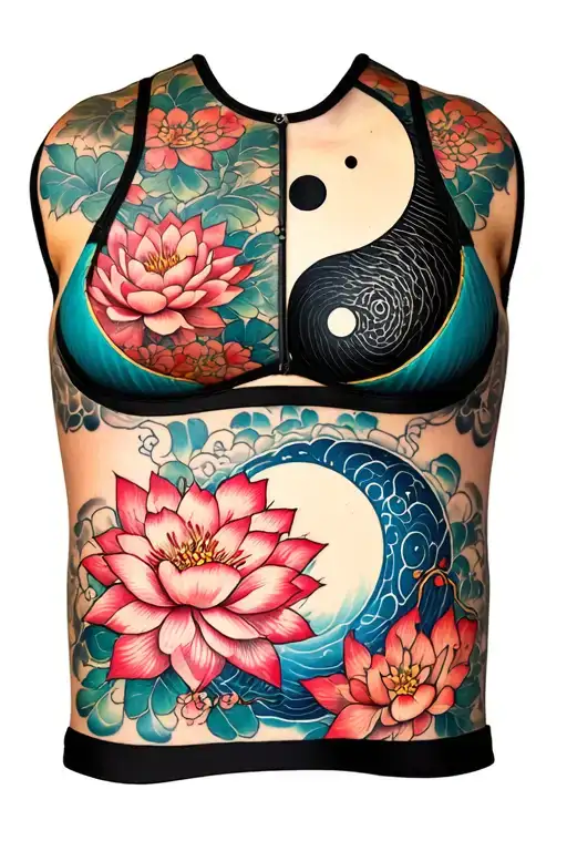 Bras entier intérieur extérieur, theme japonais avec cerisier, lotus et ying yang tattoo design idea