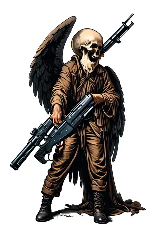angel of death holding a Thompson submachine gun tattoo design idea