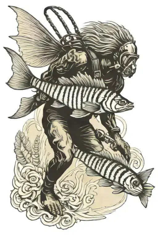 scuba diver spearing a lion fish swimming tattoo design idea