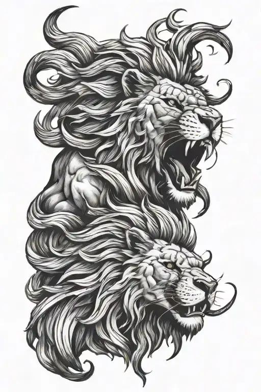 Realistic tattoo sleeve for the whole arm, which can depict  a lion and a Spartan tattoo design idea
