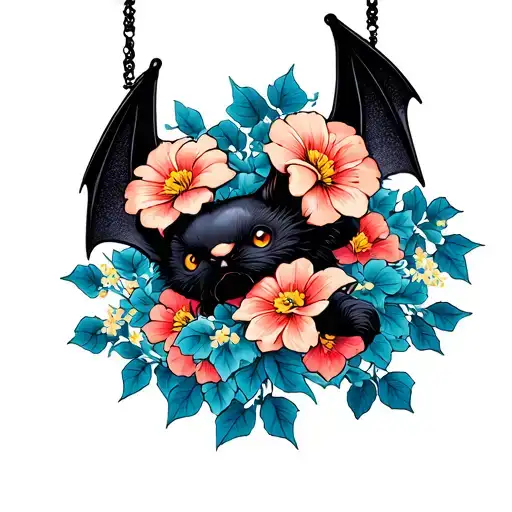 hanging bat upside and flowers tattoo design idea
