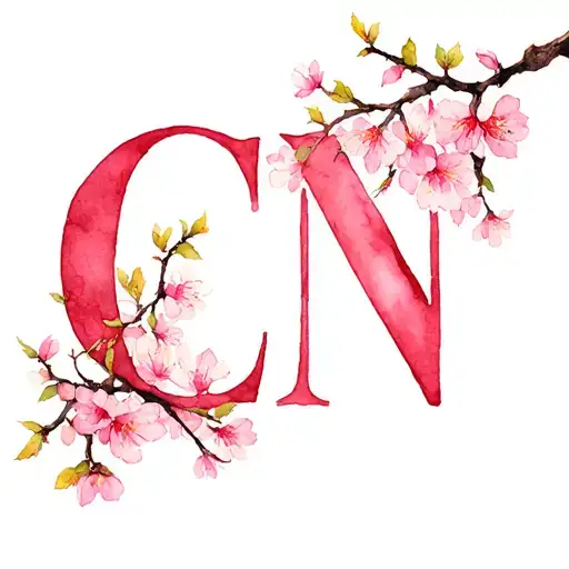 Letters C and N Ensemble surrounded by a heart of rosy Japanese cherry branches tattoo design idea