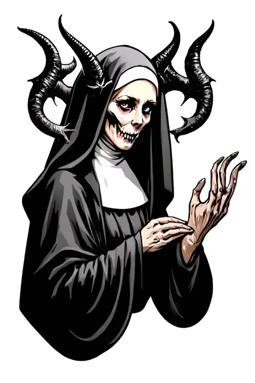 Horror nun devil horns holding tattoo design idea
