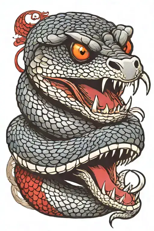 A ferocious black king cobra with intense red eyes and very detailed scales and tongue and big fangs charging at you wit tattoo design idea