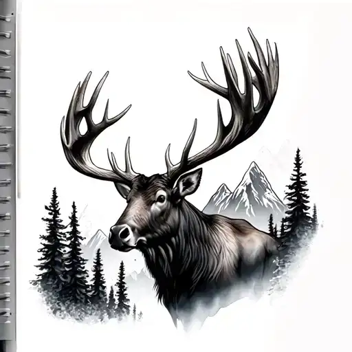 moose antlers mountains tattoo design idea