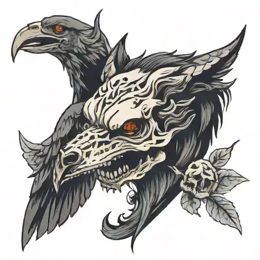 wolf head crow skull tattoo design idea
