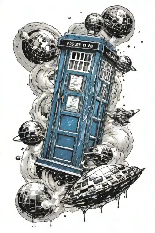 Tardis floating in space surrounded tattoo design idea