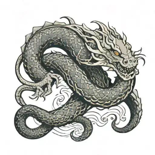 Jörmungandr wrapped around upper forearm bitting onto mjolnr  tattoo design idea