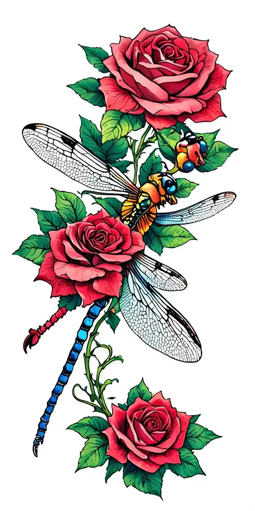 dragonfly with roses intertwined tattoo design idea