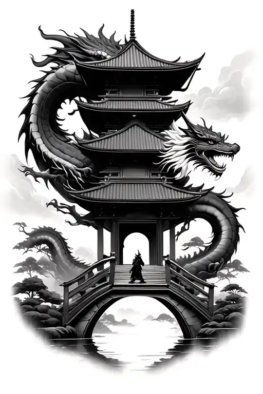 Japanese pagoda wrapped by a dragon with a Japanese warrior below the building walking on the bridge across the garden  tattoo design idea