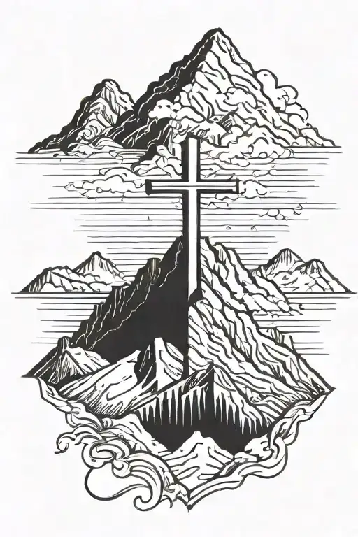 mountain peak with cross surrounded tattoo design idea