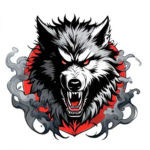 japanese yakuza traditional style tattoo design incorporating elements of a japanese werewolf inside a smokey background tattoo design idea