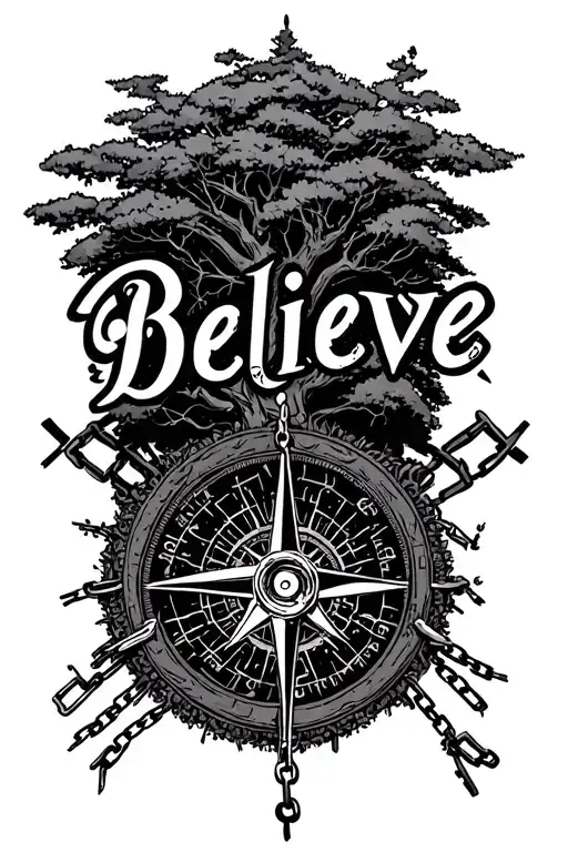 "Believe" tree, compass and broken chain tattoo design idea