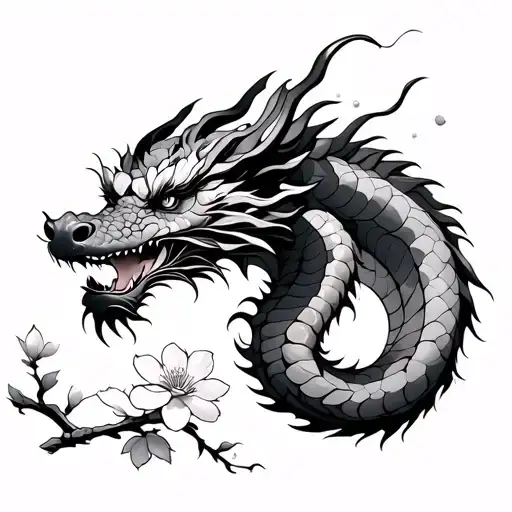 japanese style dragon with cherry blossoms tattoo design idea