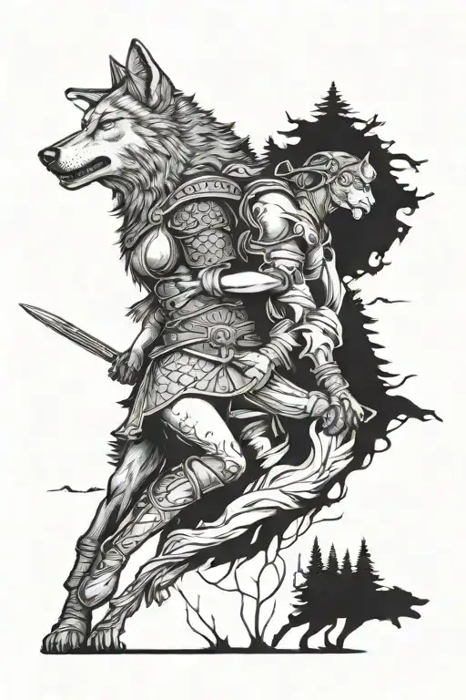 Big wolf, hurt and looking slightly down. Female warrior shielding the wolf from an aerial attack. Forest in the back. tattoo design idea