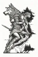 Big wolf, hurt and looking slightly down. Female warrior shielding the wolf from an aerial attack. Forest in the back. tattoo design idea