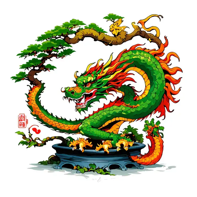 bonsai and Asian dragon wrapped tattoo design idea