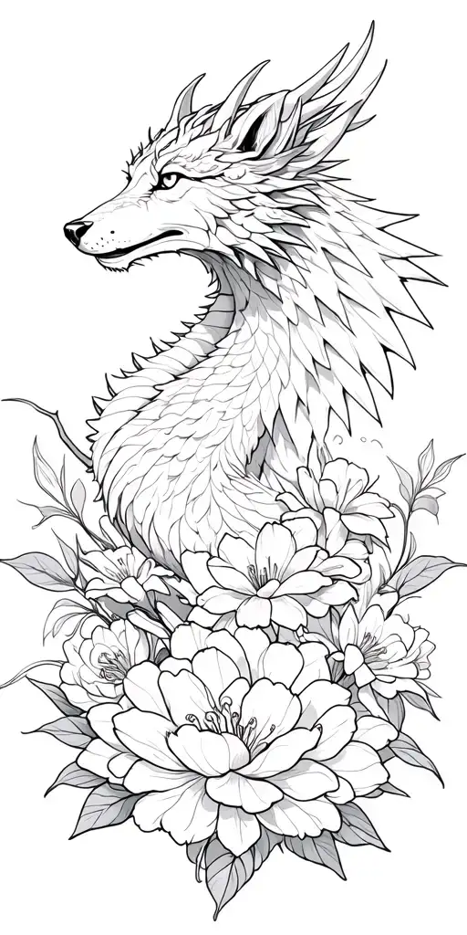 Dragon Meleys with wings deployed followed by a head of Wolf Huargo surrounding everything with peony lilies and alheli flowers tattoo design idea