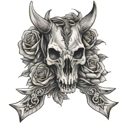Horse Skull and Roses with Axes Crossing eachother tattoo design idea