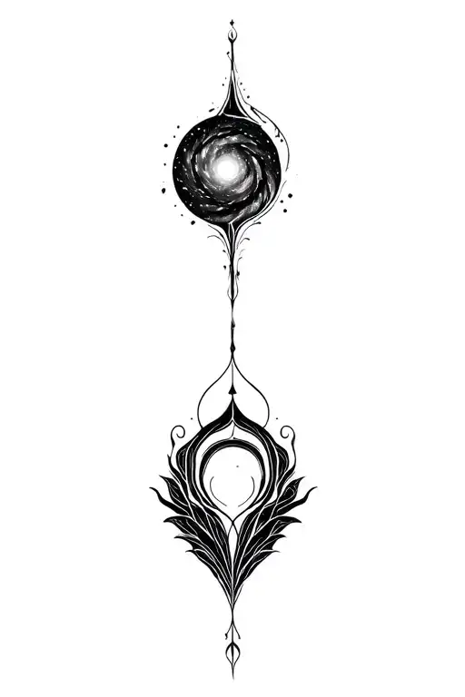 A detailed black ink forearm tattoo in a refined Art Nouveau style. The design features a central, glowing spiral galaxy tattoo design idea