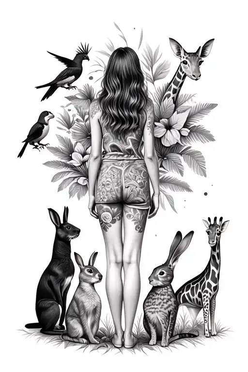 A girl standing in the middle with her back turned while Rabbits, Dogs, Cats, Parrots, Giraffes, surround her  tattoo design idea