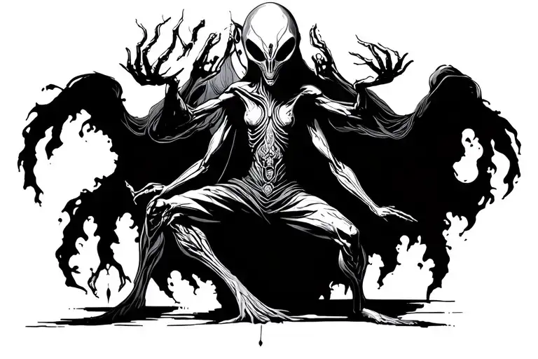 A thin, six-armed alien sorcerer, in a ritual pose, standing as if summoning something. tattoo design idea
