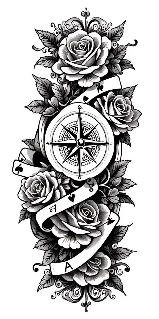 filigree design with playing cards, compass and roses tattoo design idea