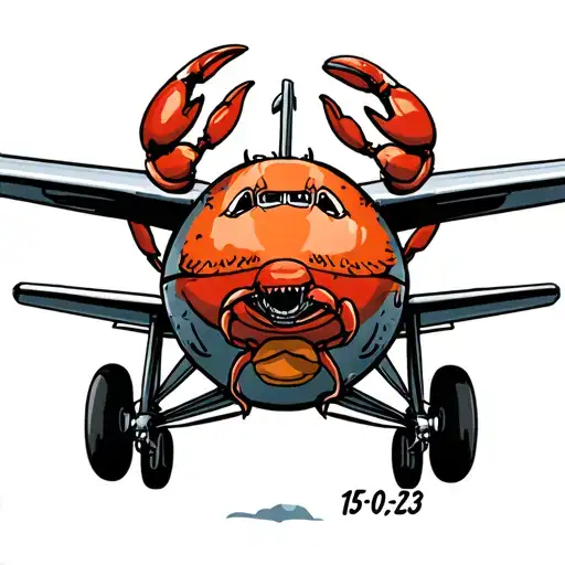 An old school style propeller plane with a crab pattern on the front of the plane and 15-07-23 written on the side  tattoo design idea