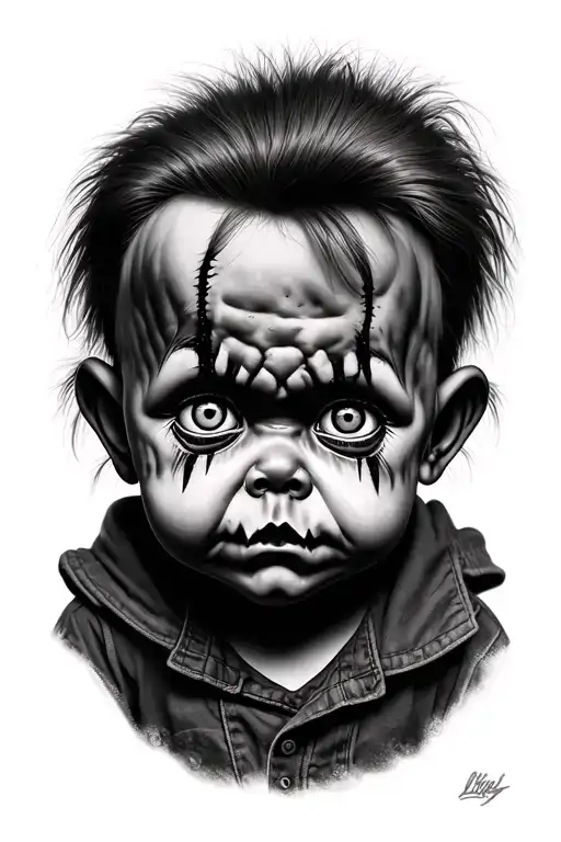Chucky doll face and half rugrats chuckie face realistic tattoo design idea