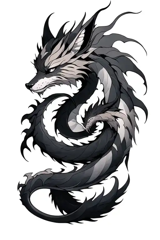 9 tailed fox and dragon wrapped around each other tattoo design idea