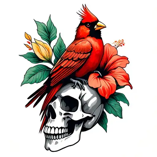 Retro 1960s but futuristic tattoo of red cardinal sitting on a skull with a hibiscus flower on the side blooming tattoo design idea