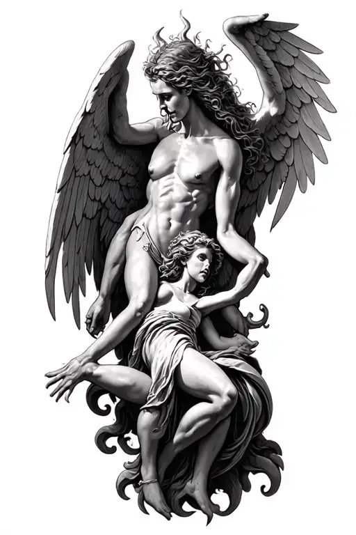 heaven vs hell theme with angels and demons fighting tattoo design idea