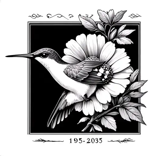 Hummingbird with August birth flower with year 1950-2025 on stem black and white small and dainty tattoo  tattoo design idea