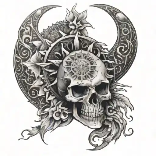 a skull morfed into a sun and moon with mandala affect  tattoo design idea