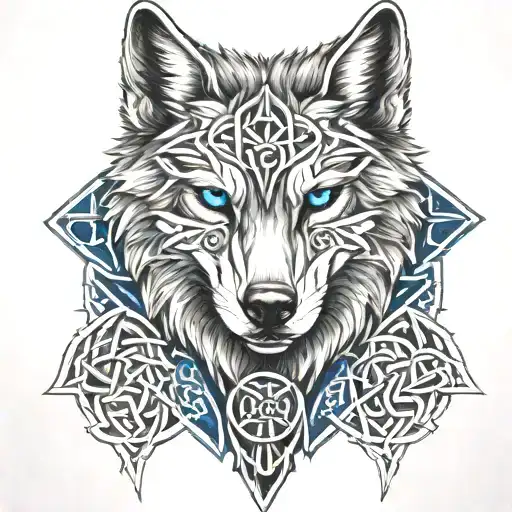 Wolf With Blue Eyes On Armor Tattoo Design Featuring Celtic Trinity Knot tattoo design idea