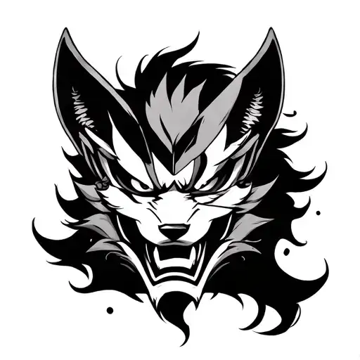 Black and white irezumi-style tattoo design of a fierce Japanese oni demon, partially wearing a half-broken kitsune mask tattoo design idea