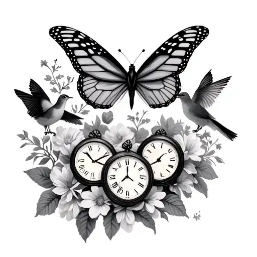 3 monarch butterfly, 3 doves with clocks and flowers tattoo design idea