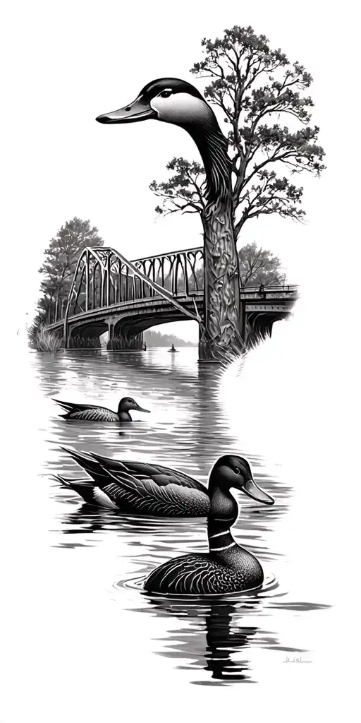 Louisiana duck swamp water  with Mississippi bridge  and ( I am my brothers keeper )  tattoo design idea