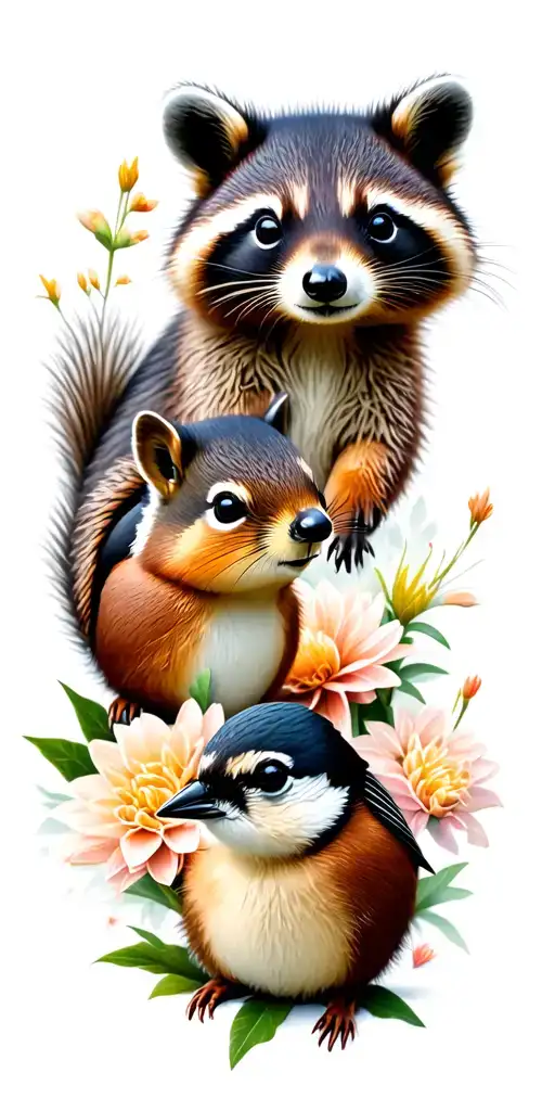 Infant raccoon, eastern chipmunk, and black-capped chickadee surrounded by dahlia tattoo design idea