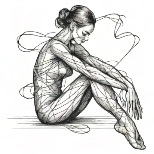minimalist sketch line work ballet dancer sitting resting reflecting (facing right) tattoo design idea