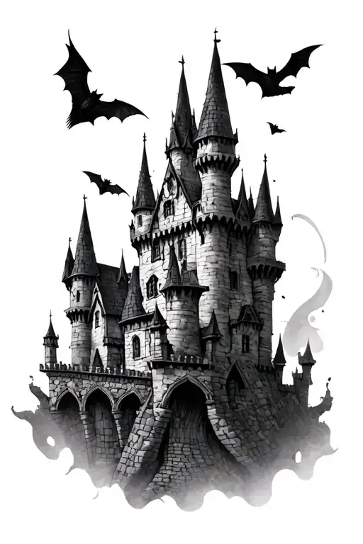 Gothic Castle with bats and crows tattoo design idea