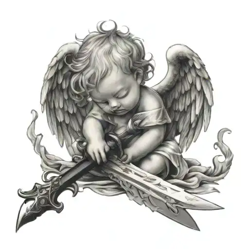 baby angel sleeping on sword and covering the sword with wings tattoo design idea