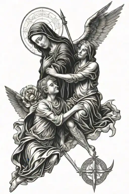 our lady of sorrows and st micheal slaying the devil tattoo design idea