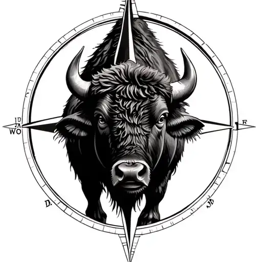 bison framed inside compass tattoo design idea