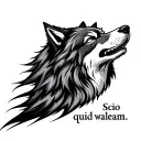 Minimalist vertical tattoo design of a calm wolf head above the latin text ‘Scio quid valeam.’ in clean modern font, bla tattoo design idea