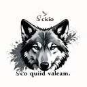 Minimalist vertical tattoo design of a calm wolf head above the latin text ‘Scio quid valeam.’ in clean modern font, bla tattoo design idea